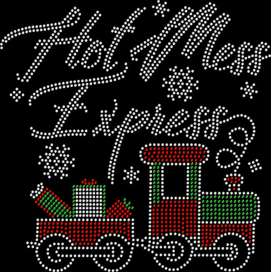Funny rhinestone tee featuring Hot Mess Express text and train image.