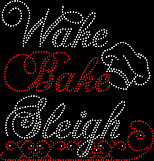 Wake Bake Sleigh Christmas shirt featuring a festive cookie baking design created with premium glass rhinestones or holographic spangles. Ideal for holiday baking, Christmas cookie exchanges, family baking days, gingerbread decorating, Christmas parties, cozy winter traditions, and fun seasonal apparel. 🍪🎄✨