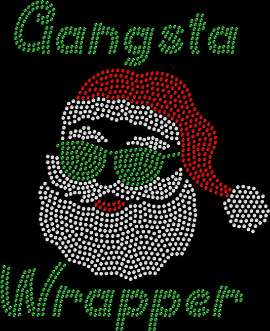 Funny Christmas rhinestone tee with Santa and Gangster Wrapper text.