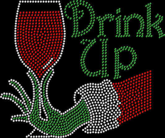 Christmas rhinestone tee with customizable Drink Up text and Grinch-style hand.