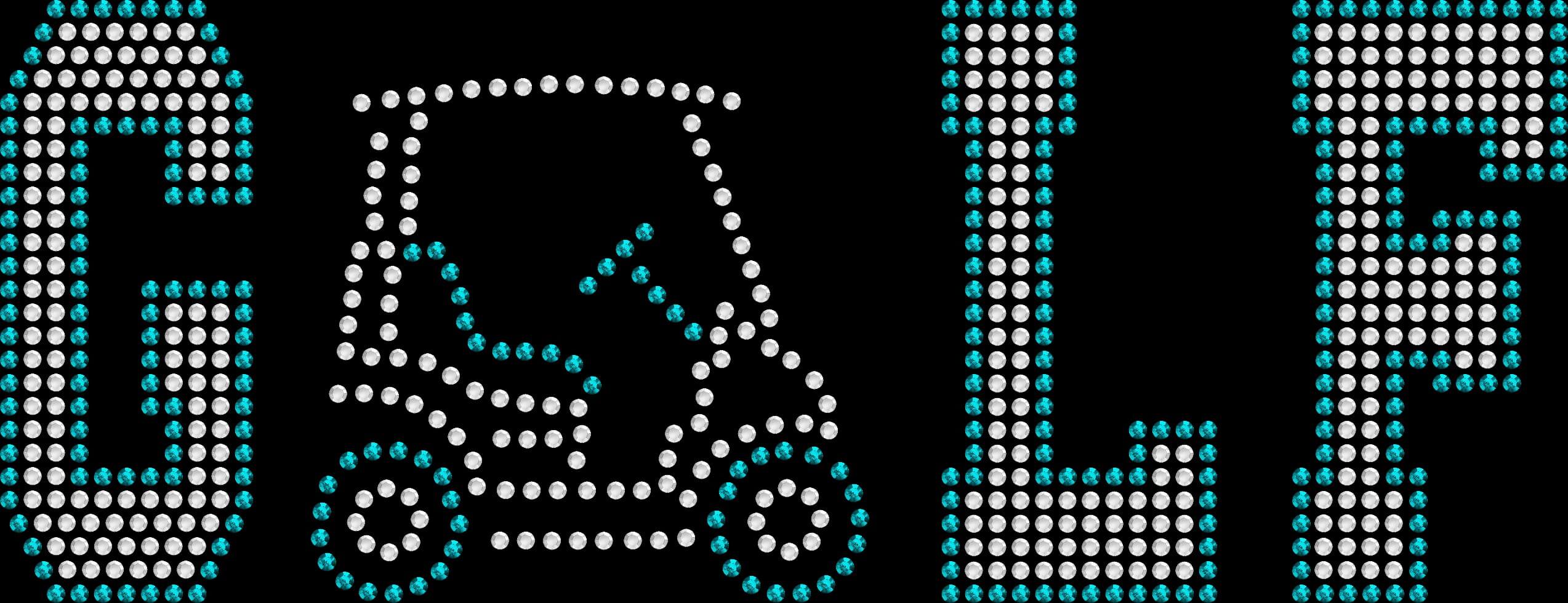 Women’s golf tee with rhinestone GOLF lettering and golf cart design.