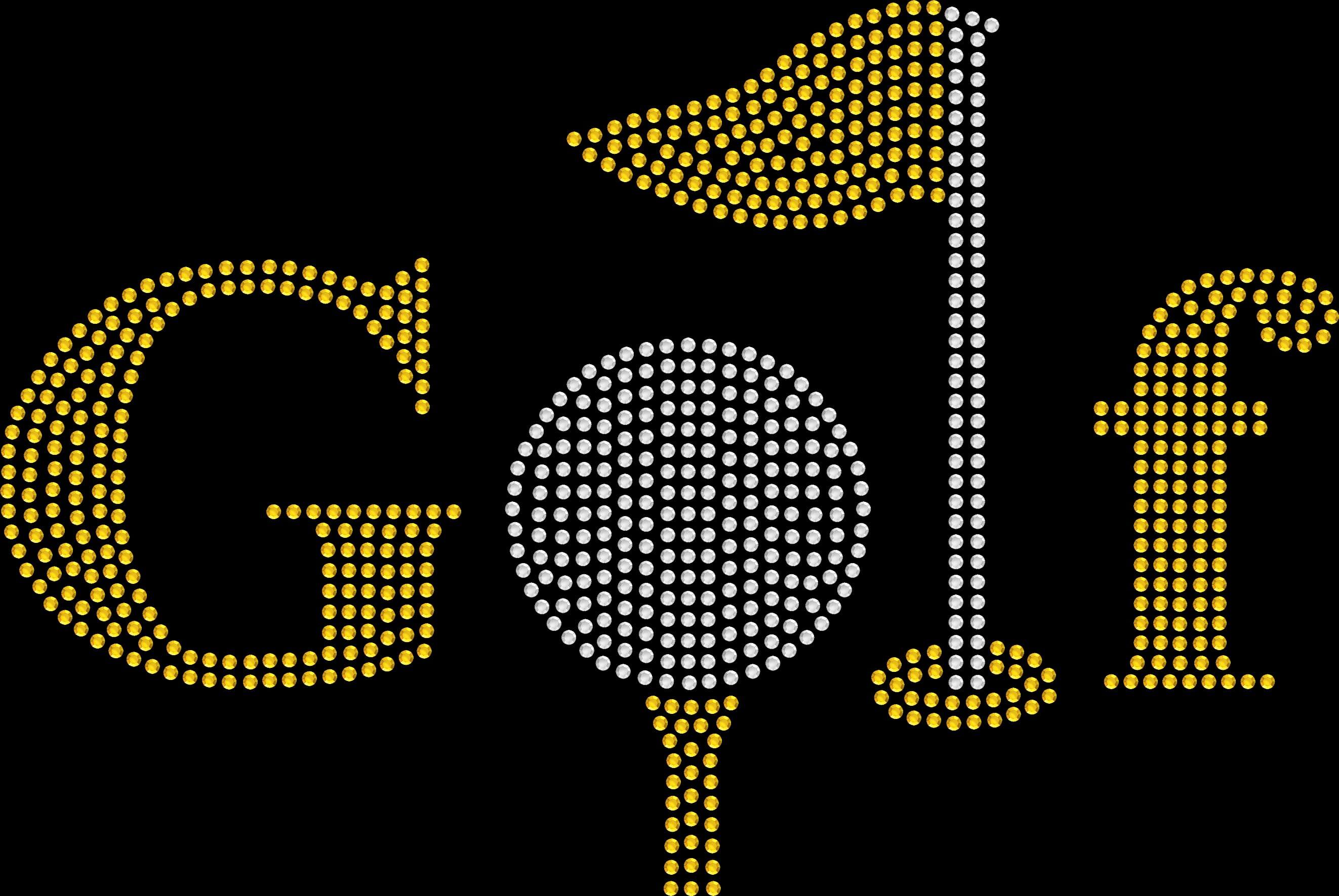 Women’s golf rhinestone tee featuring golf ball, green, flag post, and GOLF lettering.