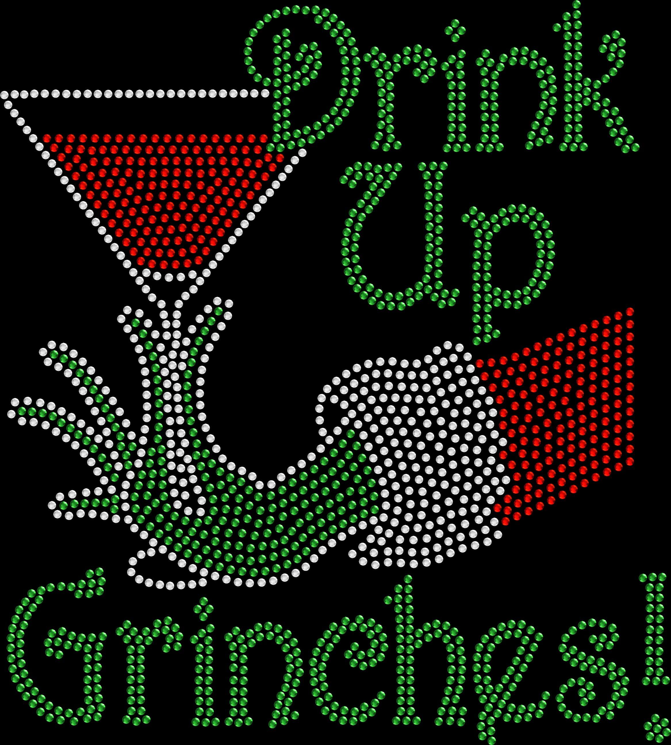 Drink Up Grinches rhinestone shirt with sparkling Grinch hand holding martini glass