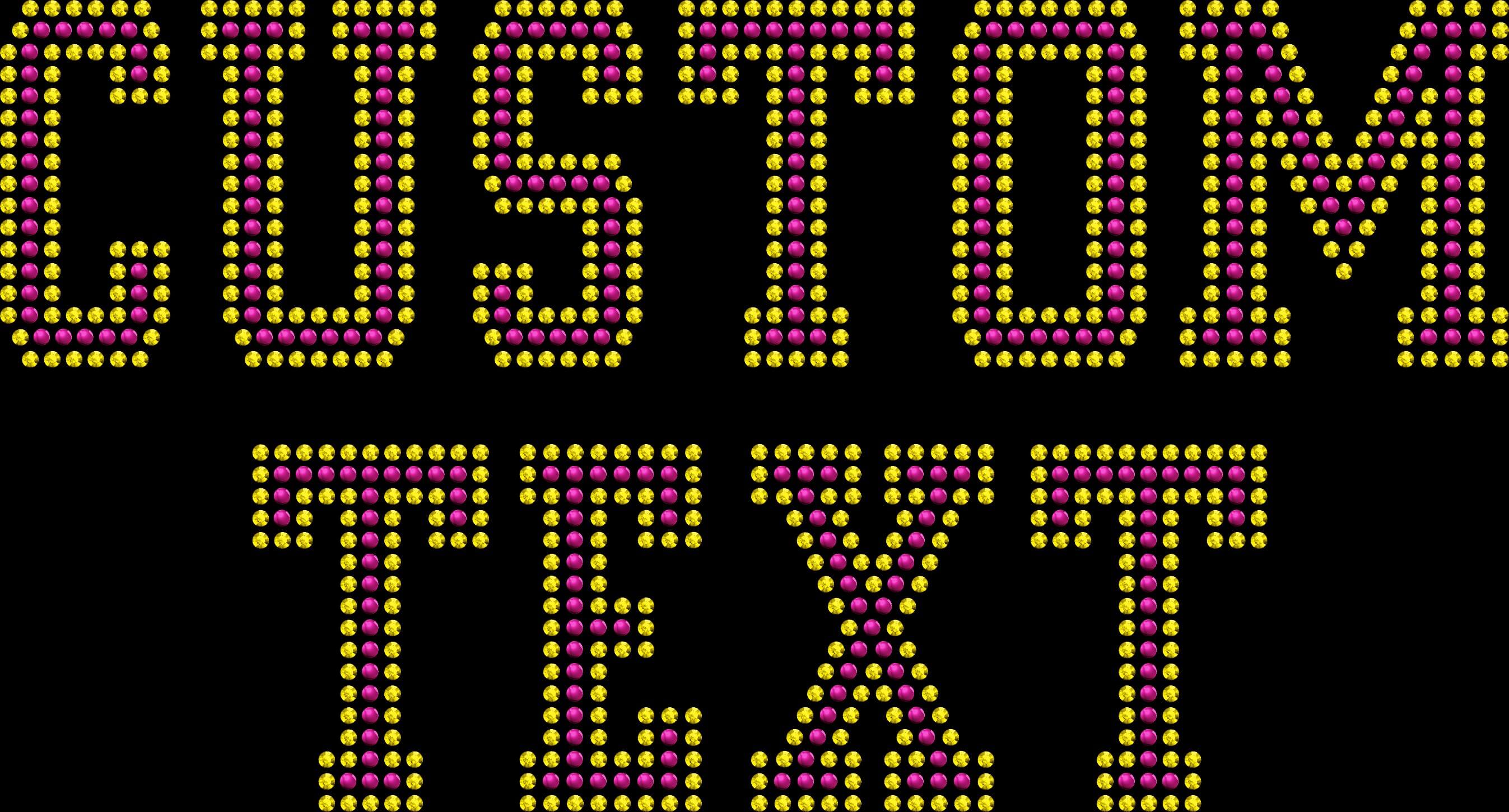 Custom text rhinestone shirt with outlined varsity font lettering.