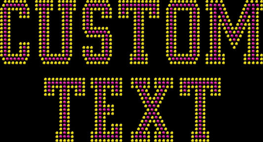 Custom text rhinestone shirt with outlined varsity font lettering.