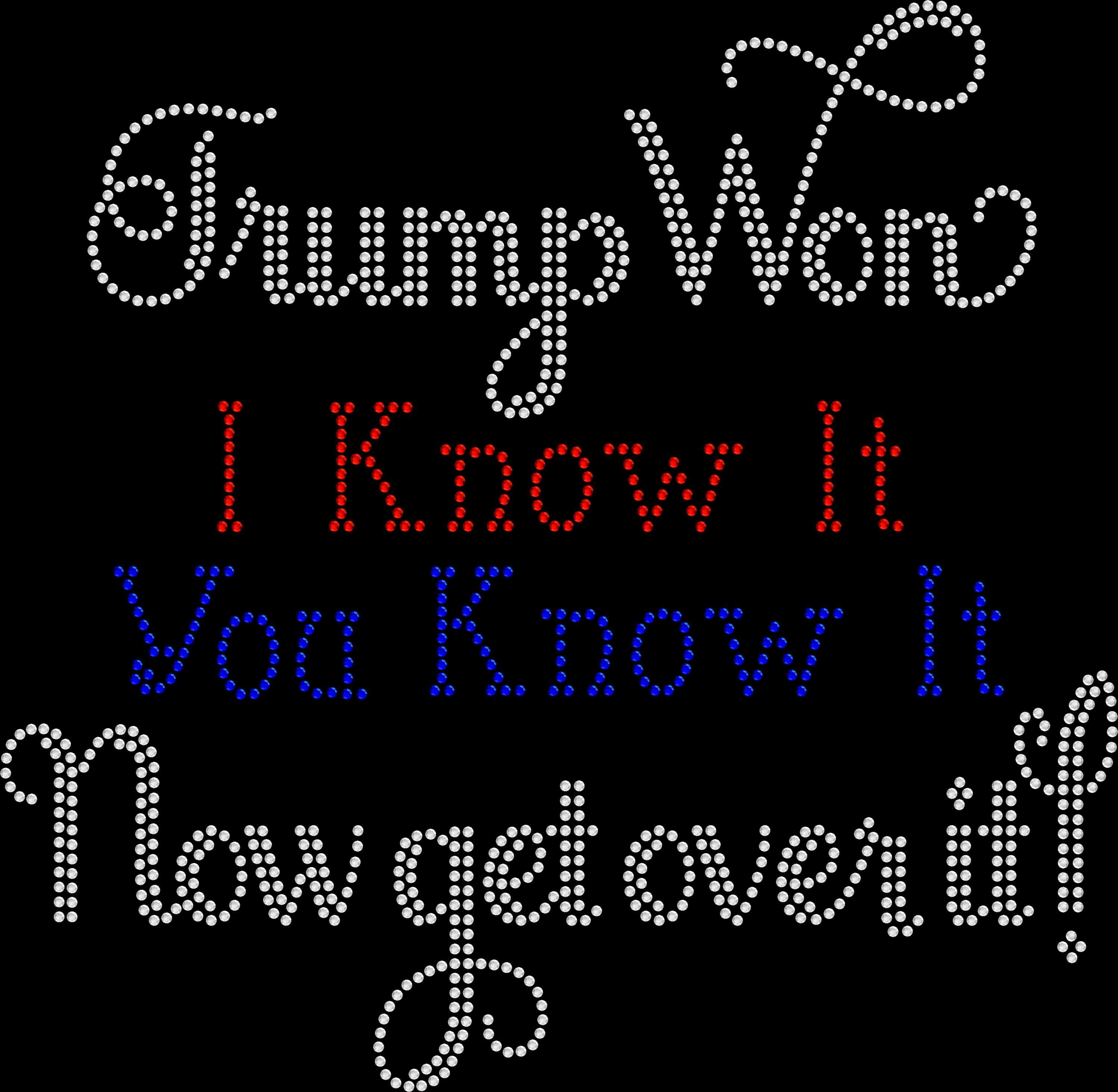 Trump Won rhinestone shirt with I Know It You Know It Now Get Over It phrase in sparkling stones.