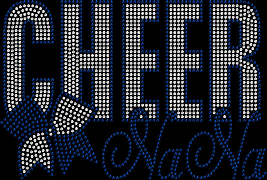Cheer NaNa rhinestone shirt with script and varsity lettering and sparkling cheer bow