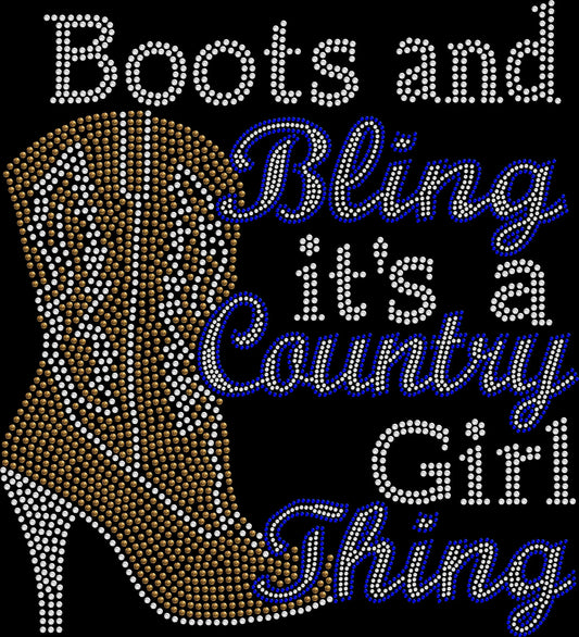 Boots and Bling It's a Country Girl Thing rhinestone shirt featuring a sparkling western cowgirl design