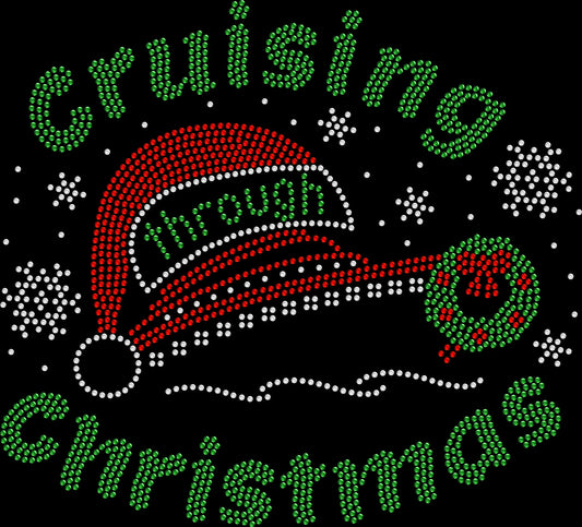 Cruising Through Christmas rhinestone shirt featuring a sparkling holiday cruise design for women