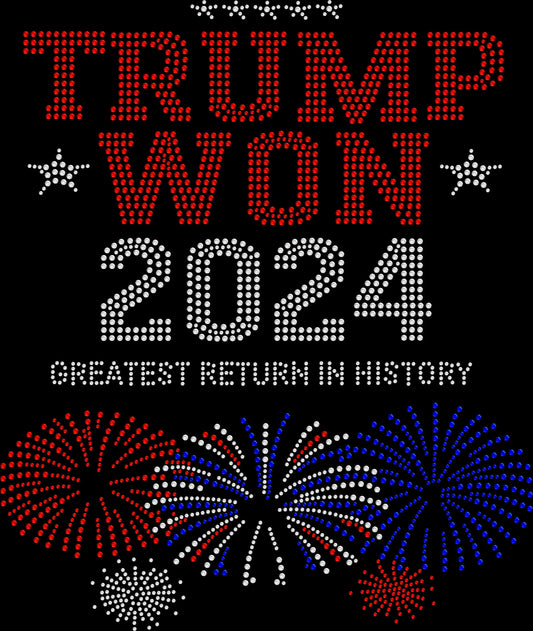 Trump Won 2024 rhinestone shirt featuring a sparkling patriotic political statement design