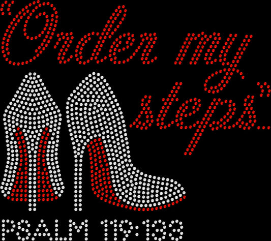 Order My Steps Psalm 119:133 rhinestone shirt featuring an inspirational Christian Bible verse with premium glass rhinestones