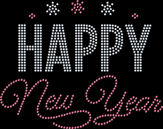 Happy New Year rhinestone shirt featuring red and green Christmas ornaments with a festive sparkling holiday design