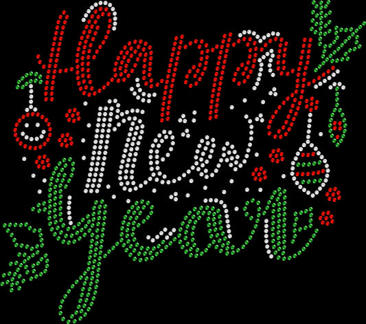 Happy New Year rhinestone shirt featuring red and green ornaments with a sparkling holiday design