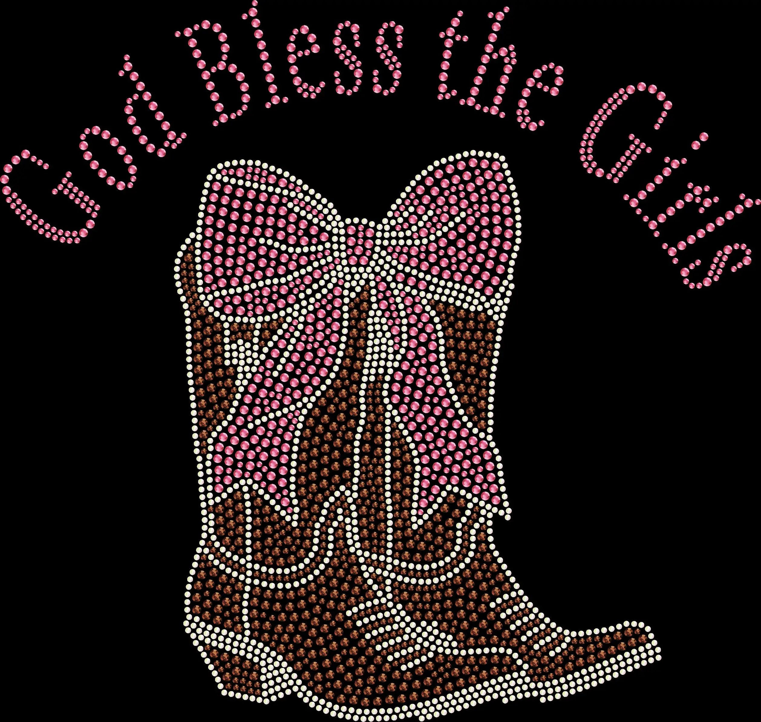 God Bless the Girls Cowgirl Boots with Pink Bow rhinestone shirt featuring sparkling western boots and a feminine pink bow design
