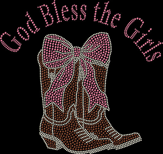 God Bless the Girls Cowgirl Boots with Pink Bow rhinestone shirt featuring sparkling western boots and a feminine pink bow design