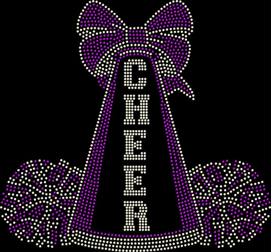 Cheer Megaphone and Pom Poms rhinestone shirt featuring a sparkling cheerleading design with premium glass rhinestones