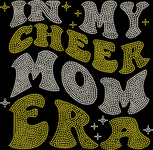 In My Cheer Mom Era rhinestone shirt featuring a sparkling trendy cheer mom design for game day and competitions