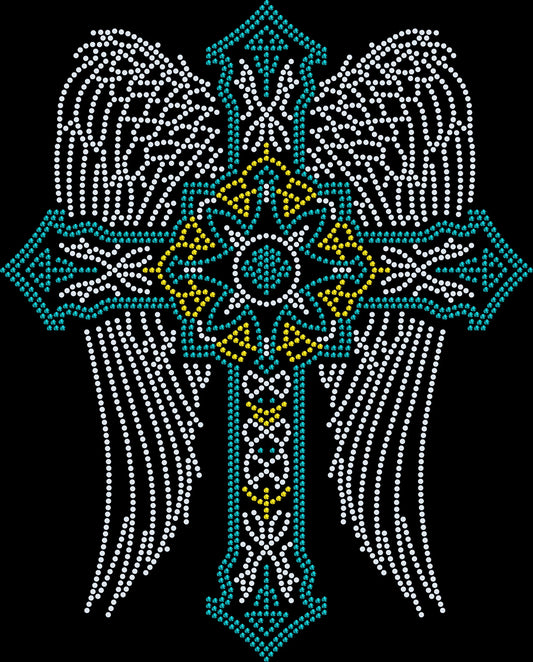 Gothic Cross with Wings rhinestone shirt featuring an elegant Christian cross and angel wings design with sparkling glass rhinestones