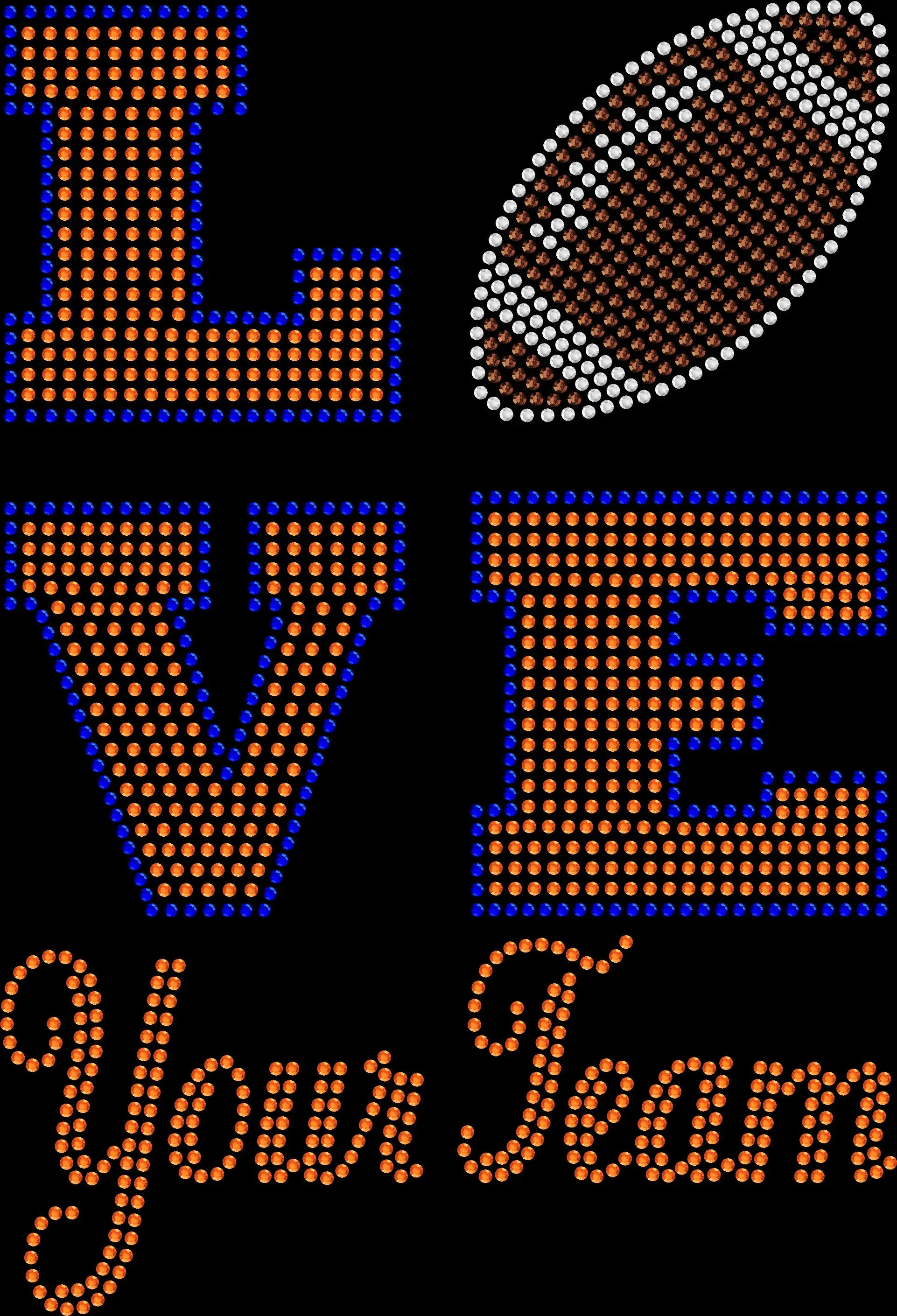 LOVE football rhinestone shirt featuring the word LOVE with the “O” replaced by a football and sparkling crystal accents on a soft women’s tee, customized with a team name for game day and tailgating.