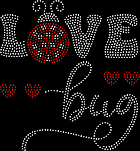 Love Bug Lady Bug rhinestone shirt featuring sparkling crystal lettering and cute ladybug graphic on a soft Valentine’s Day sparkle women’s tee