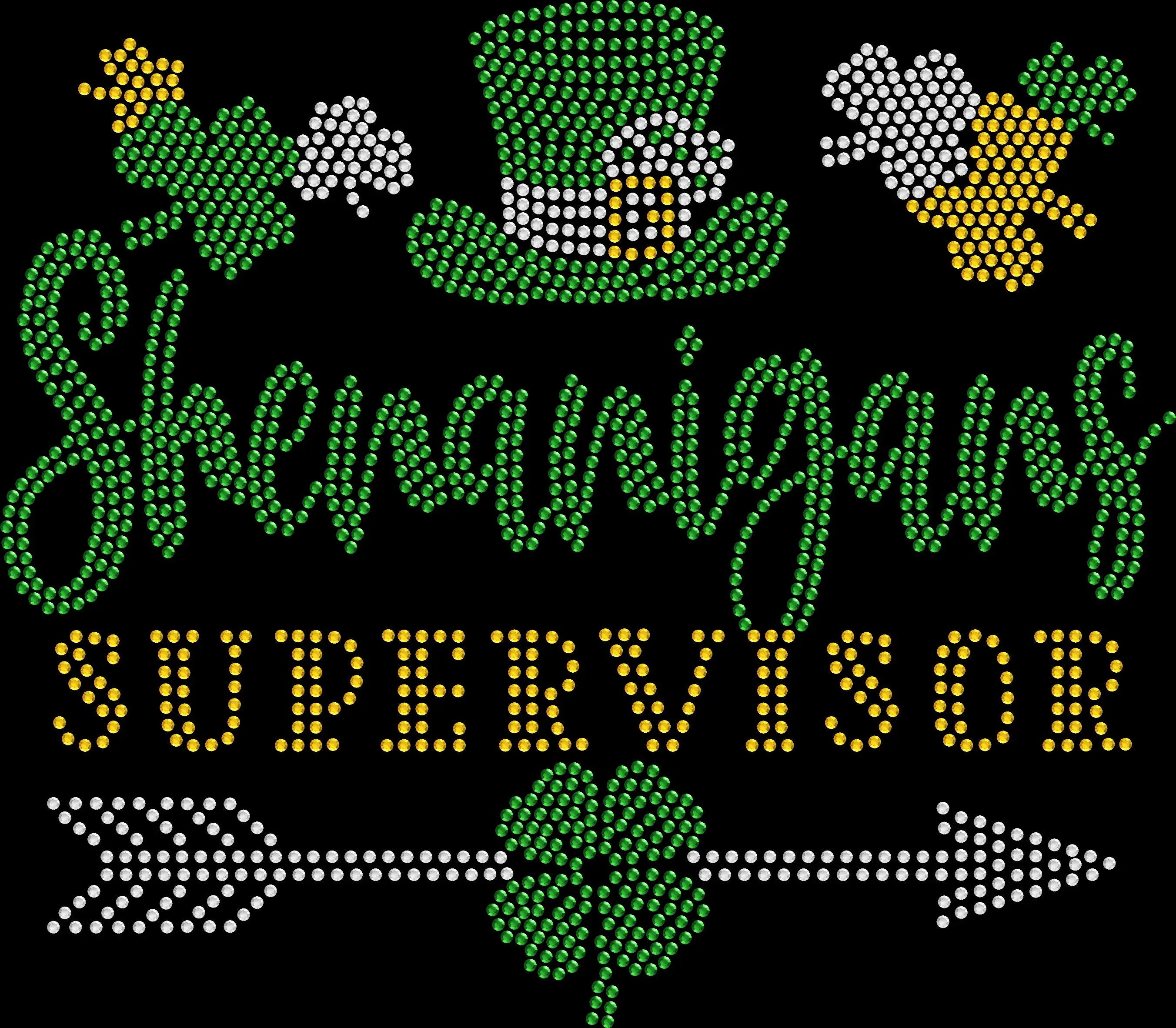 Sparkling rhinestone shirt that reads “Shenanigans Supervisor” on a black t-shirt, funny St Patrick’s Day bling tee for women perfect for pub crawls and parties.