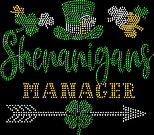 Sparkling rhinestone Shenanigans Manager St Patrick's Day shirt on black t-shirt funny Irish pub crawl party outfit