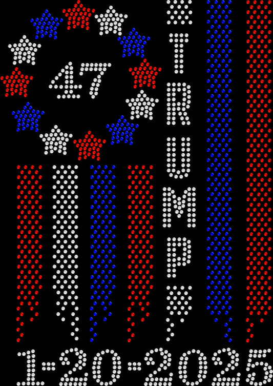 Trump 47 rhinestone shirt with 1-20-25 American flag design on a soft unisex tee, patriotic bling shirt for women, bold USA statement apparel with high shine rhinestones