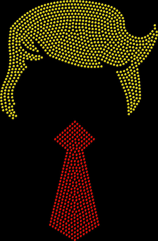 Trump Hair and Tie rhinestone shirt with sparkling crystal design on a soft unisex tee, funny patriotic bling shirt for women, bold USA political statement apparel with high shine rhinestones