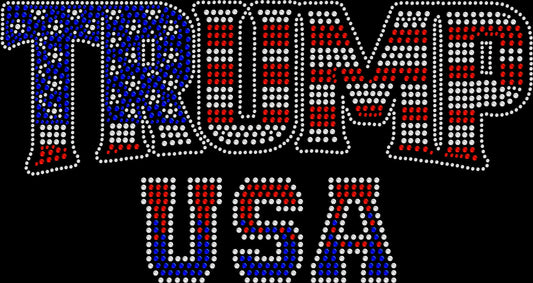 Sparkling rhinestone American flag stiletto high heel shirt on a black t-shirt, patriotic bling tee for women with red white and blue heel design.