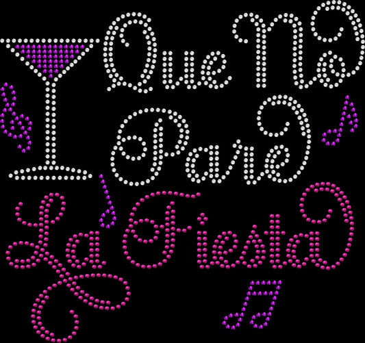 Que no pare la fiesta rhinestone shirt with sparkling lettering on unisex tee, spanish party shirt for women, fiesta themed bling apparel with high shine rhinestones