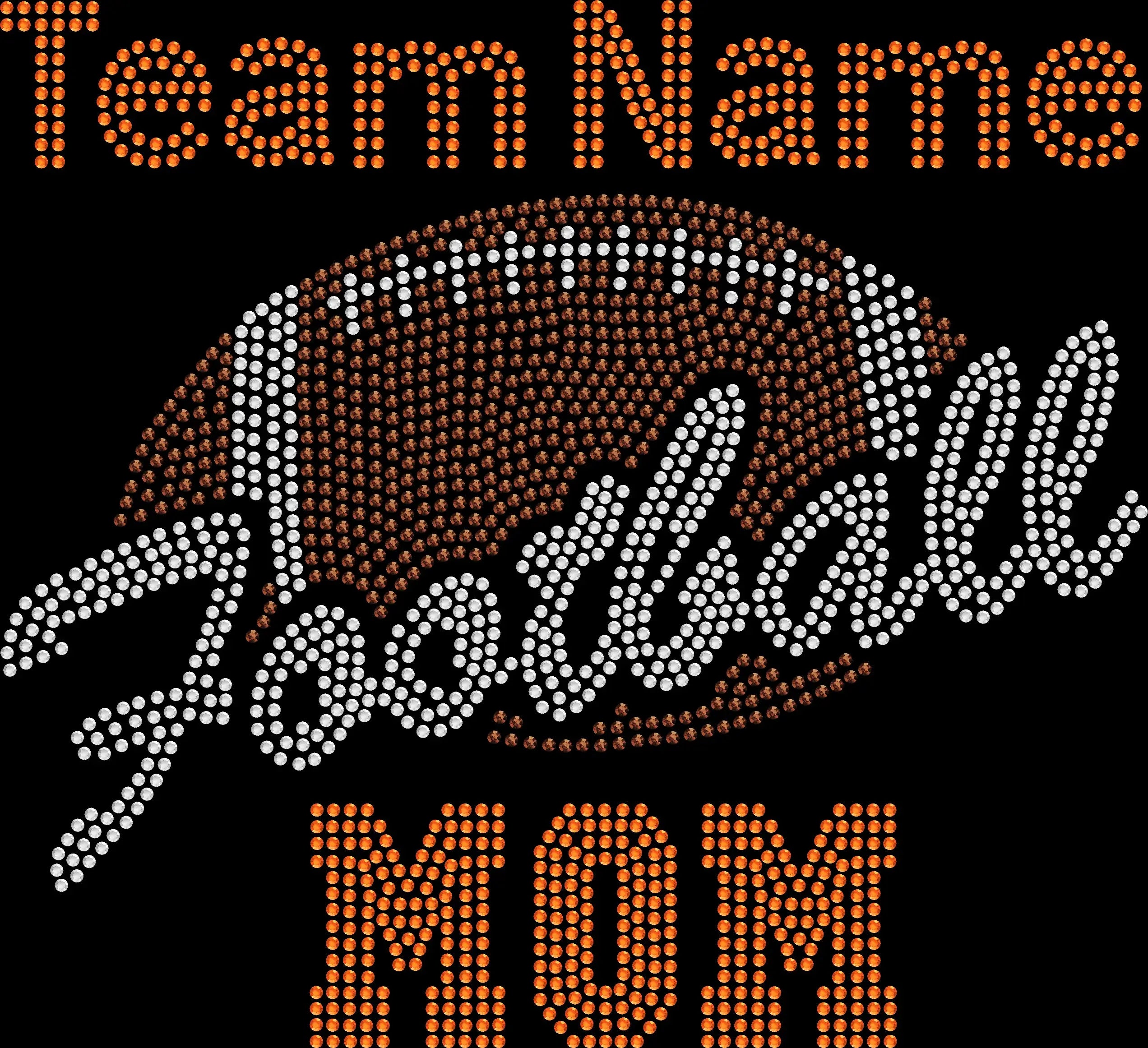 Custom Team Name Football Mom rhinestone shirt featuring sparkling crystal lettering on a soft women’s tee, perfect for football games, sidelines, tailgating, and proud football mom fan wear.