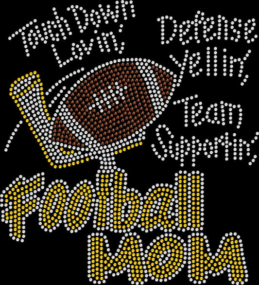 Touch Down Lovin Defense Yellin Team Supportin Football Mom rhinestone shirt featuring sparkling crystal lettering on a soft women’s tee, perfect for football games, sidelines, tailgating, and proud football mom fan wear.
