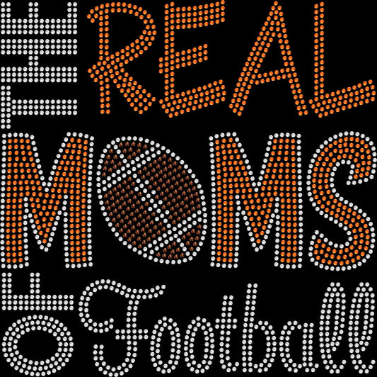 The Real Moms of Football rhinestone shirt featuring sparkling crystal lettering on a soft women’s tee, perfect for football games, sidelines, tailgating, and proud football mom fan wear.