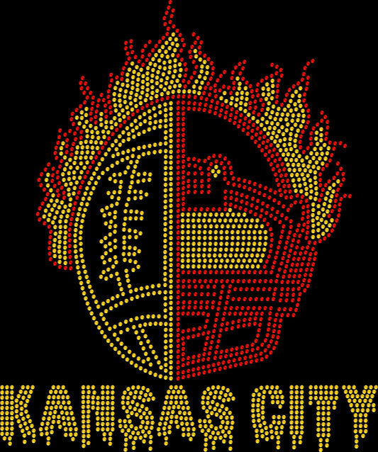 Flaming football helmet rhinestone shirt with sparkling crystal design, customized football team name and colors on a black tee, bold game day football fan apparel