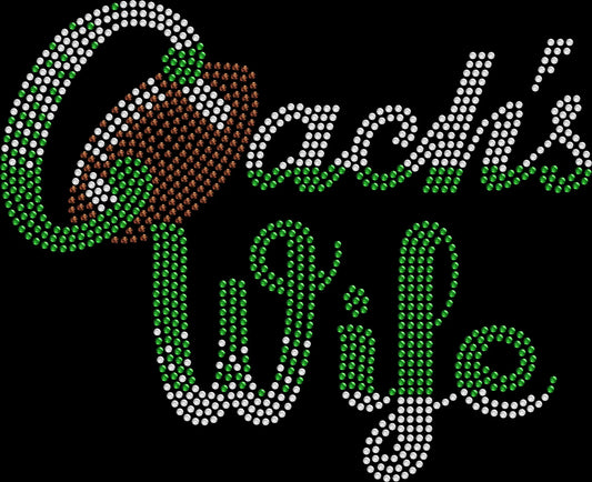 Football Coach’s Wife rhinestone shirt featuring sparkling crystal lettering on a black tee, bling game day football apparel for coach wives