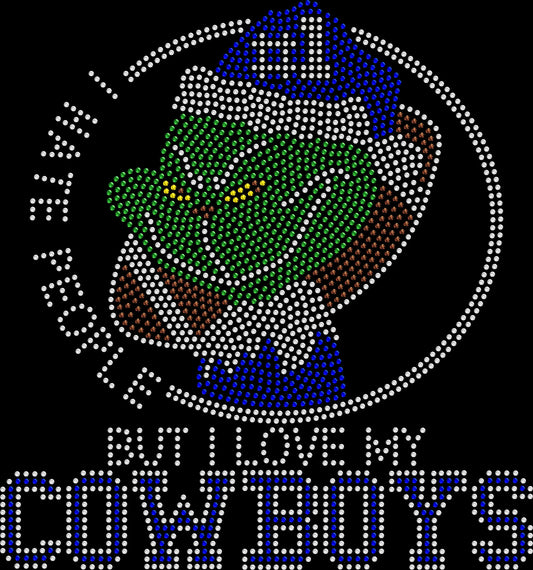 I Hate People But I Love My Football Team rhinestone shirt featuring a football-holding Grinch-inspired character with sparkling rhinestones on a black tee, funny game day football fan apparel