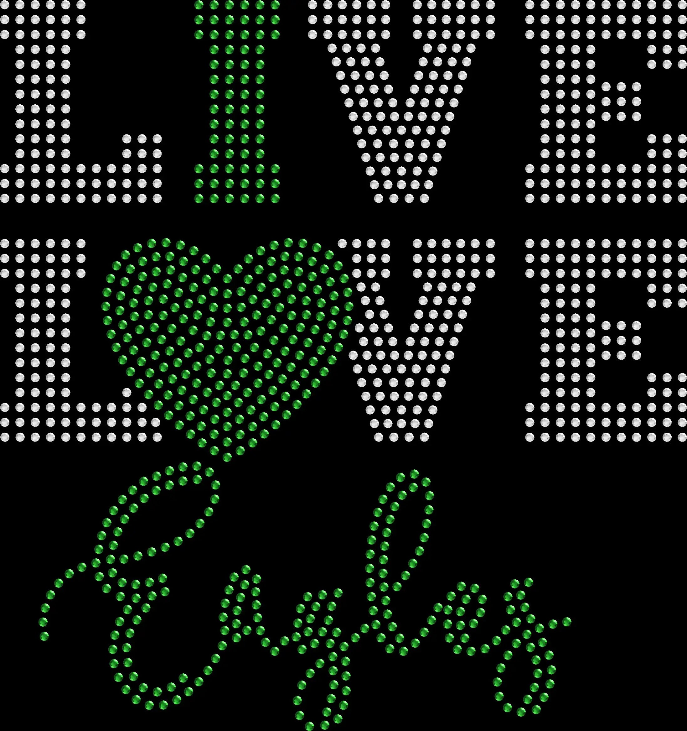 Live Love Custom Team Rhinestone Shirt featuring sparkling rhinestone design with personalized team name and colors on a premium black tee, custom bling sports fan apparel