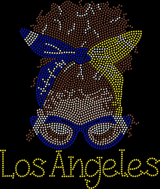 Custom Football Girl rhinestone shirt featuring sparkling crystal accents with a Caucasian football diva wearing bandana and glasses in custom team colors on a soft women’s tee, perfect for game day and tailgating.
