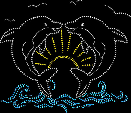 sunset dolphins rhinestone shirt featuring dolphins jumping over an ocean sunset design