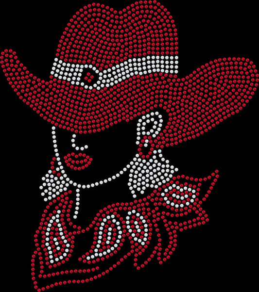 Red Hat Cowgirl rhinestone shirt featuring a sparkling western cowgirl hat design for women