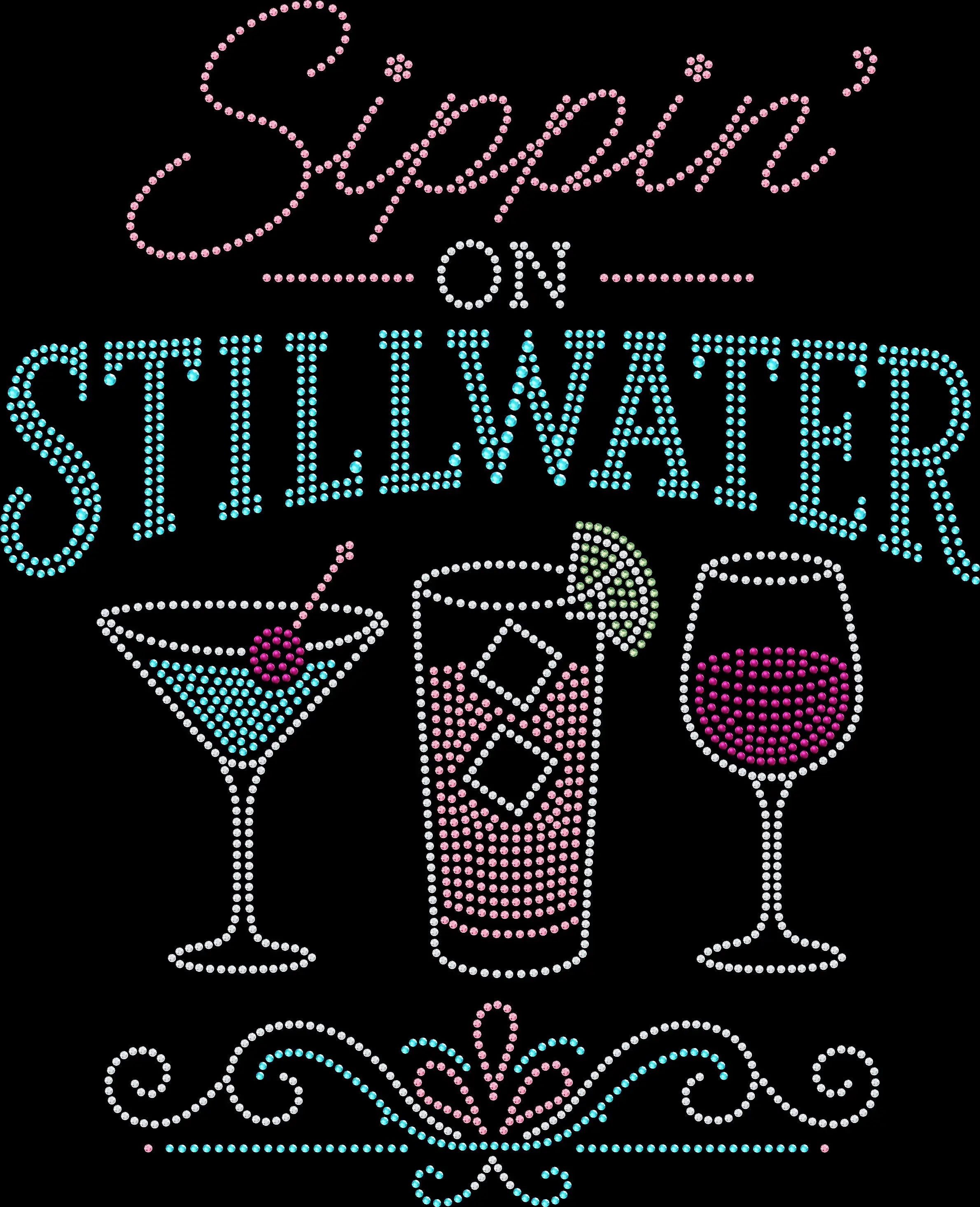 Sippin' on Stillwater shirt featuring a sparkling lake-inspired design made with premium glass rhinestones or holographic spangles. Great for boating, lake weekends, pontoon parties, camping trips, waterfront vacations, girls' getaways, and summer celebrations. 🍹🌊☀️✨