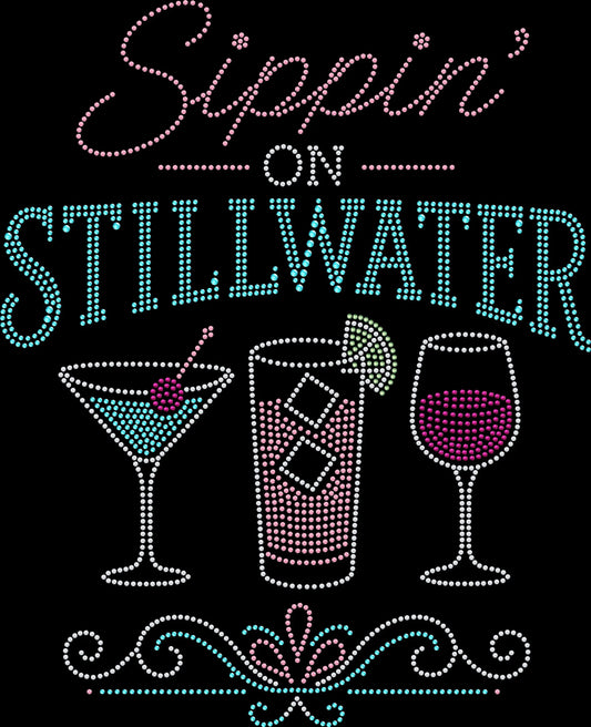 Sippin' on Stillwater shirt featuring a sparkling lake-inspired design made with premium glass rhinestones or holographic spangles. Great for boating, lake weekends, pontoon parties, camping trips, waterfront vacations, girls' getaways, and summer celebrations. 🍹🌊☀️✨