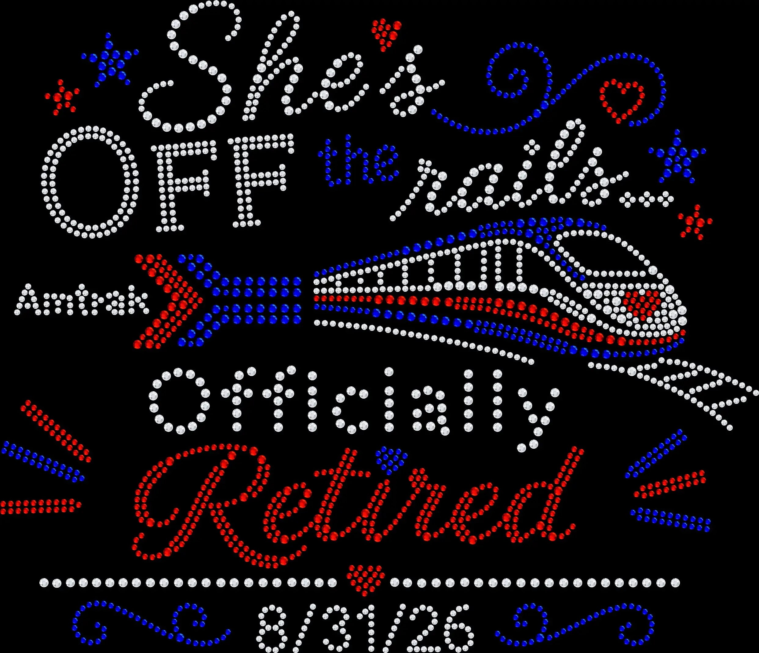 Sparkling She's Off the Rails Officially Retired shirt featuring a railroad-inspired retirement design made with premium glass rhinestones or holographic spangles. Ideal for railroad workers, conductors, engineers, train lovers, retirement parties, last day celebrations, vacations, and thoughtful retirement gifts. 🚂🎉✨