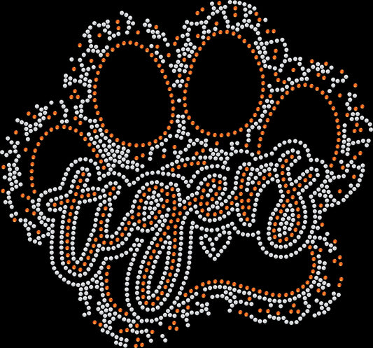 Sparkling Leopard Tiger Paw shirt featuring a stylish leopard print tiger paw design available in premium glass rhinestones or holographic spangles. Ideal for school spirit, game day, football, basketball, baseball, softball, volleyball, pep rallies, cheer teams, booster clubs, and proud tiger fans.