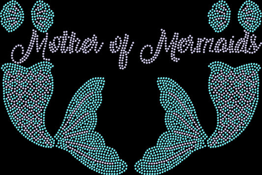 Sparkly Mother of Mermaids shirt for women featuring a playful mermaid family design available in premium glass rhinestones or holographic spangles. Perfect for beach trips, cruises, pool days, mermaid birthday parties, Mother’s Day, family vacations, and ocean-loving moms.