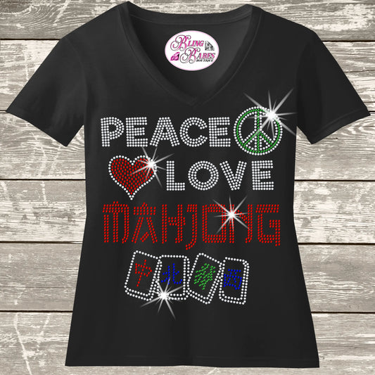 Peace Love Mahjong shirt featuring a sparkling Mahjong player design created with premium glass rhinestones or holographic spangles. Perfect for Mahjong game nights, clubs, tournaments, groups, girls' weekends, matching player outfits, parties, and gifts for women who love Mahjong. 🀄💖✨💎🎉