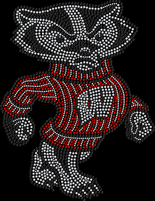 Wisconsin Badger-inspired fan shirt featuring a red and white badger mascot design created with premium glass rhinestones or holographic spangles. Sparkling college game-day apparel for football season, basketball games, tailgates, watch parties, campus weekends, alumni gatherings, and Wisconsin sports fans. 🦡❤️🤍🏈✨💎