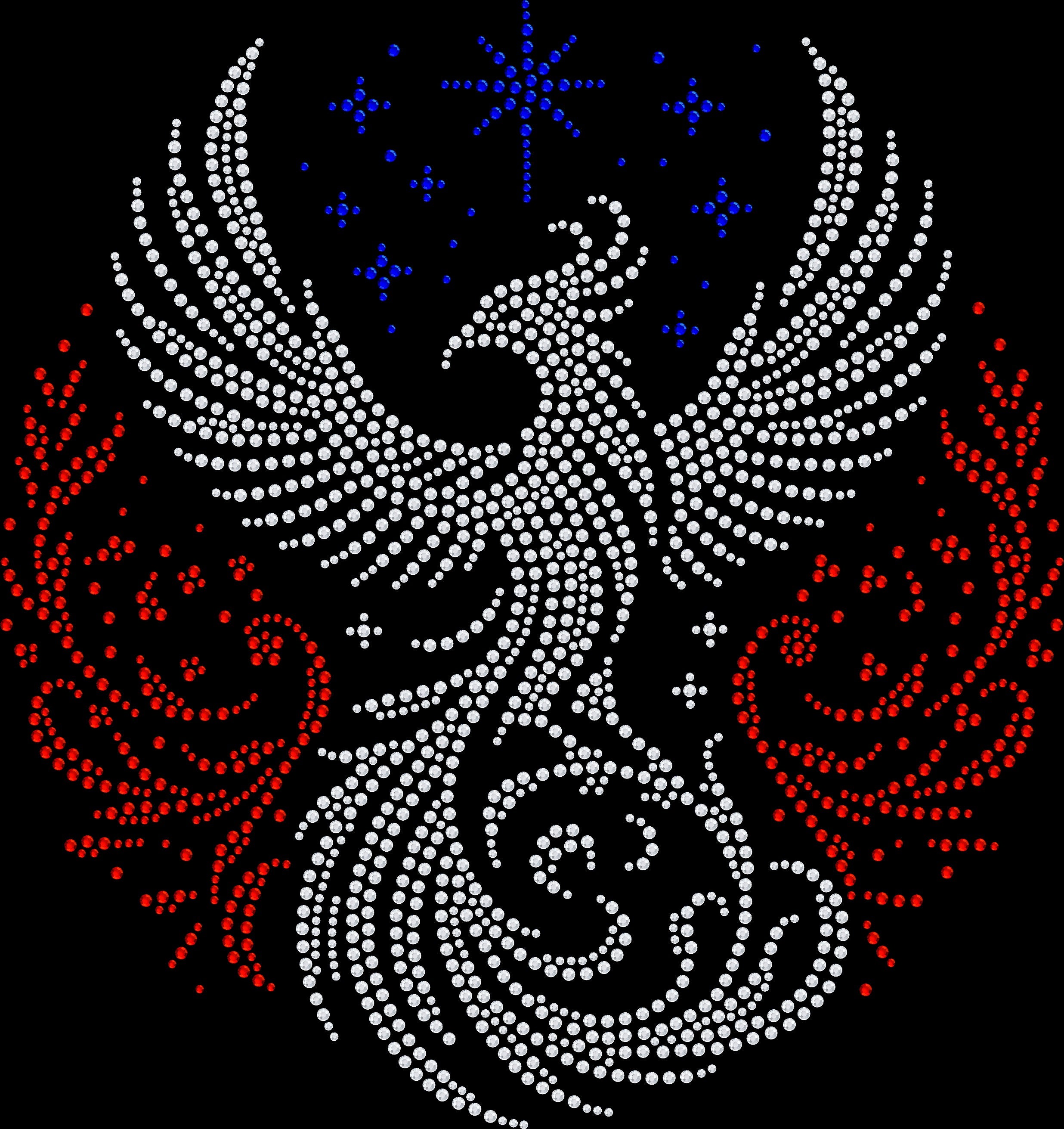 Phoenix Rising shirt featuring a dramatic mythical fire bird with spread wings created in premium glass rhinestones or holographic spangles. Sparkling statement apparel inspired by the phoenix as a symbol of strength, resilience, transformation, rebirth, renewal, and rising from the ashes. 🔥🪽❤️‍🔥✨💎