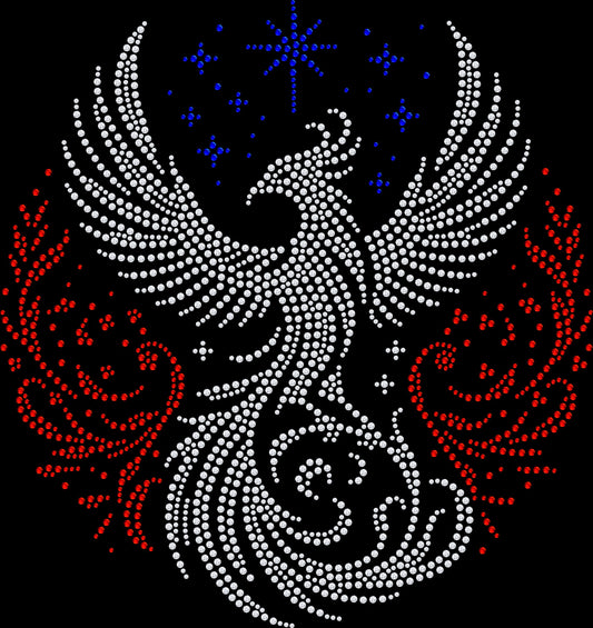Phoenix Rising shirt featuring a dramatic mythical fire bird with spread wings created in premium glass rhinestones or holographic spangles. Sparkling statement apparel inspired by the phoenix as a symbol of strength, resilience, transformation, rebirth, renewal, and rising from the ashes. 🔥🪽❤️‍🔥✨💎
