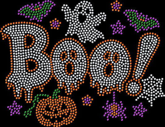 Boo Ghost Halloween rhinestone shirt featuring a cute sparkling ghost design for spooky season, Halloween parties, pumpkin patch trips, trick or treating and festive October outfits.